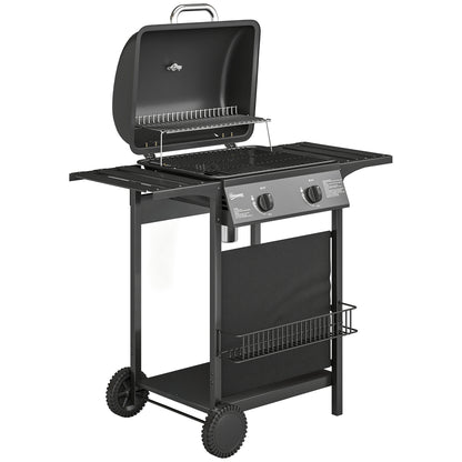 2 Burner Gas BBQ Grill | 1800cm² Enamel Grid | Side Tables | Warming Rack | Lid Thermometer | Grease Tray | UKCA | Black