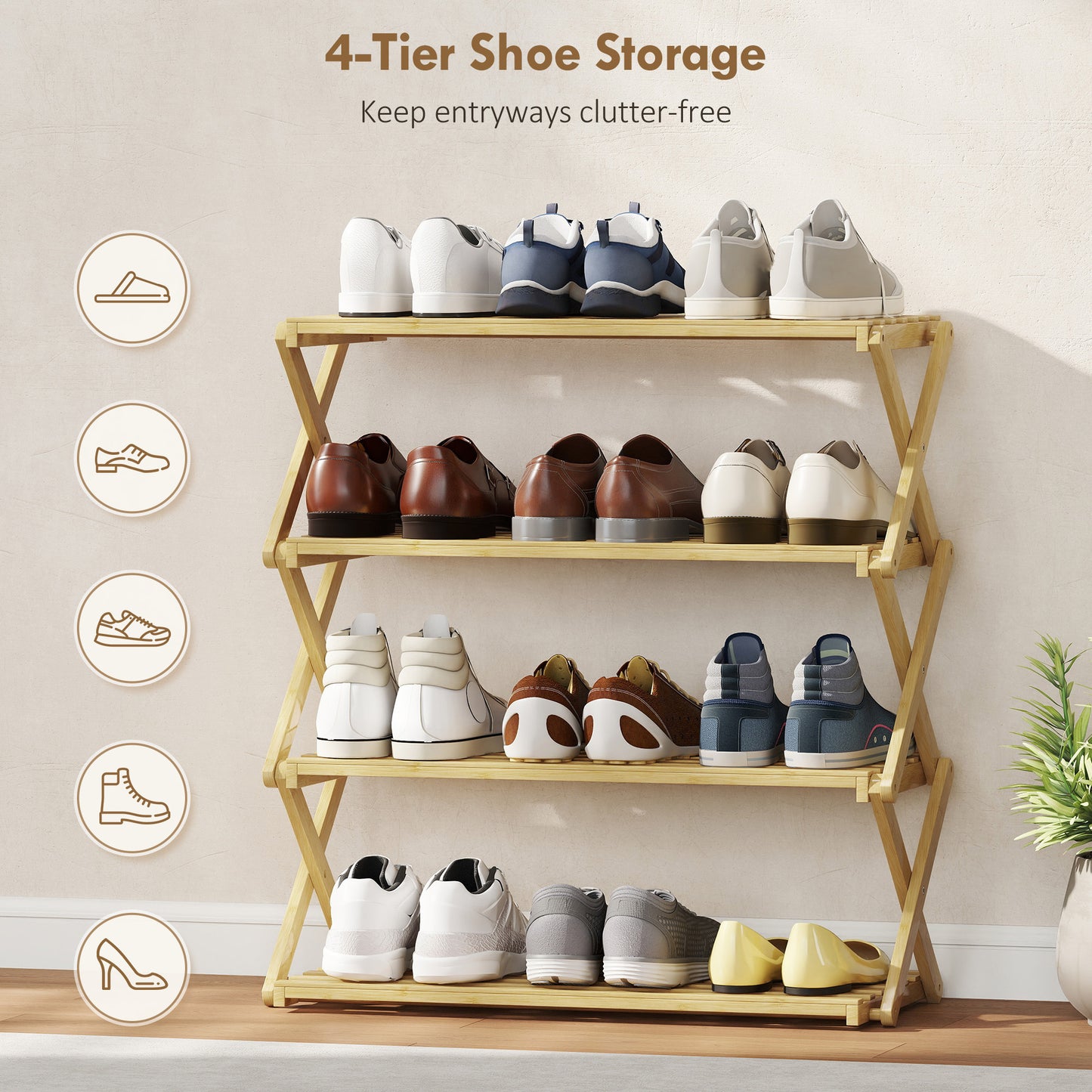 4-Tier Bamboo Shoe Rack, No Assembly - Natural