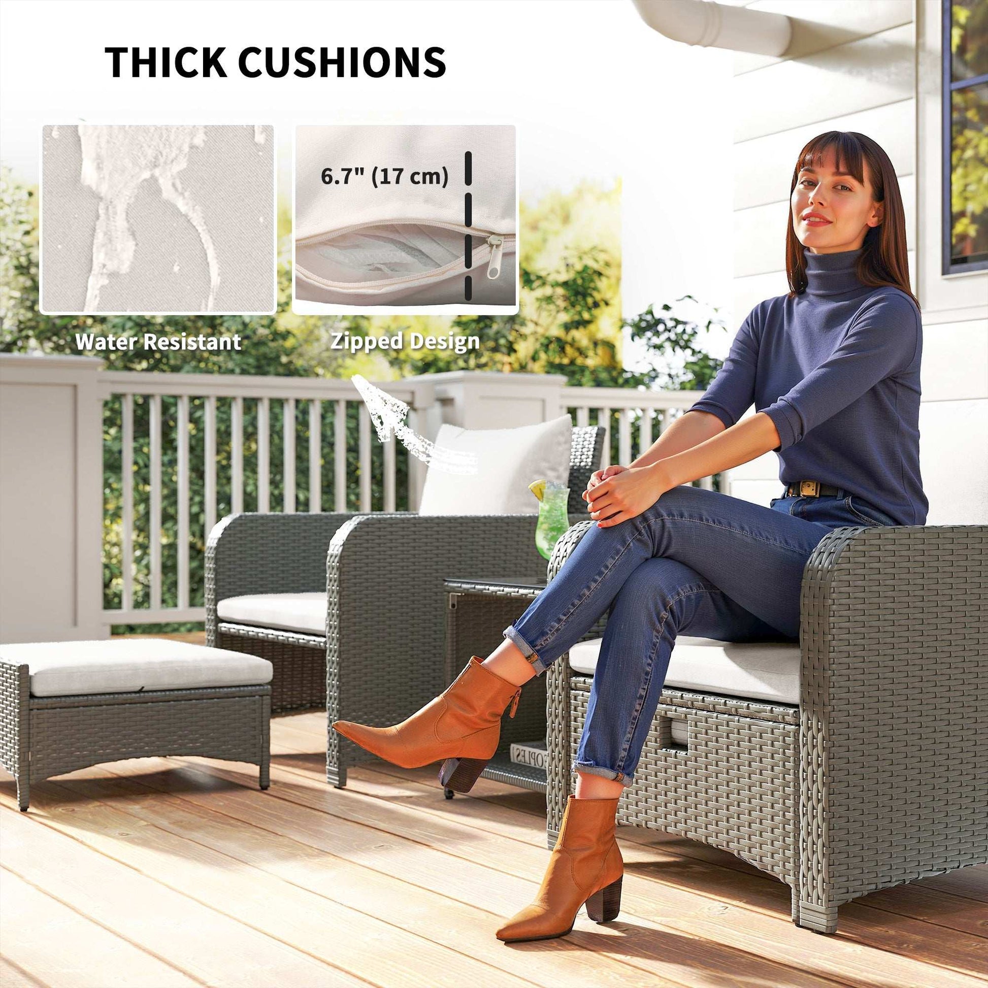 Five Piece Rattan Garden Furniture Set with 2-Tier Coffee Table and Ottomans  - Cream White