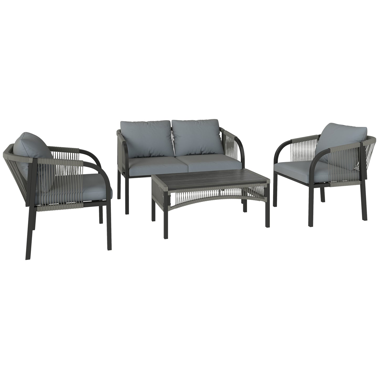 4 Piece Rattan Garden Furniture Set | Loveseat | 2 Armchairs | Wood-Effect WPC Coffee Table | Round PE Wicker | Powder-Coated Steel | Washable Cushions | 120kg | Grey