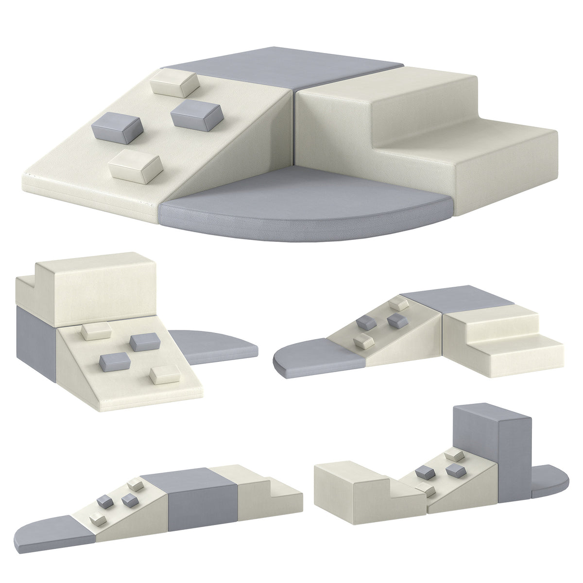 AIYAPLAY 4-Piece Toddler Soft Play Climbing Set | Foam Ramp, Steps & Blocks | Wipe-Clean PU | Light Grey & Beige | Ages 1–3