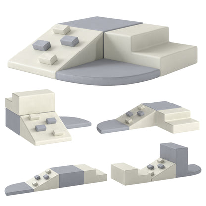 AIYAPLAY 4-Piece Toddler Soft Play Climbing Set | Foam Ramp, Steps & Blocks | Wipe-Clean PU | Light Grey & Beige | Ages 1–3