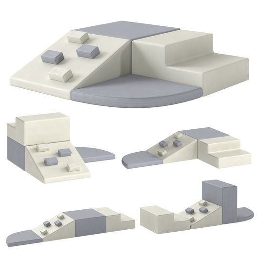 AIYAPLAY 4-Piece Toddler Soft Play Climbing Set | Foam Ramp, Steps & Blocks | Wipe-Clean PU | Light Grey & Beige | Ages 1–3