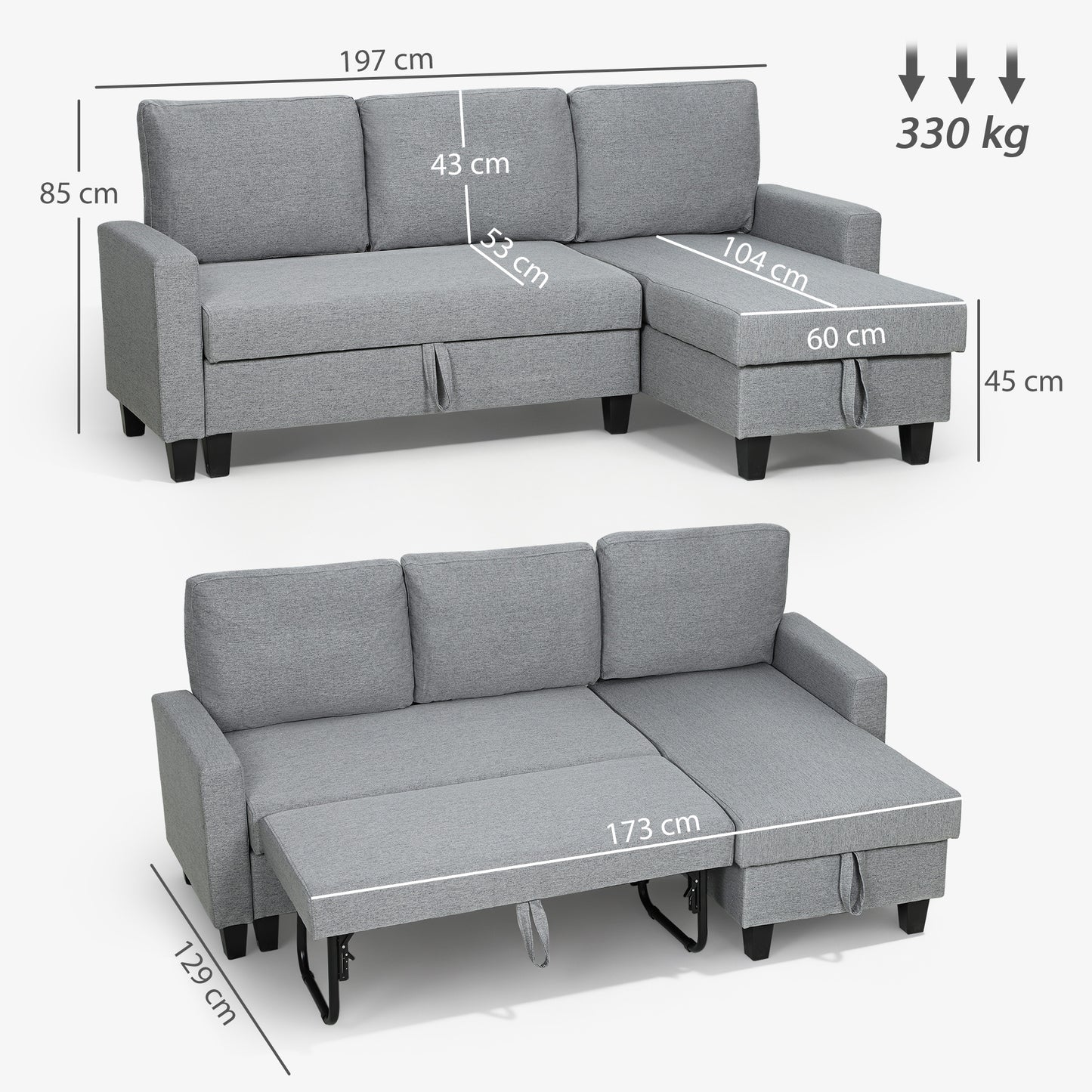 Three-Seater Storage Sofa Bed - Grey
