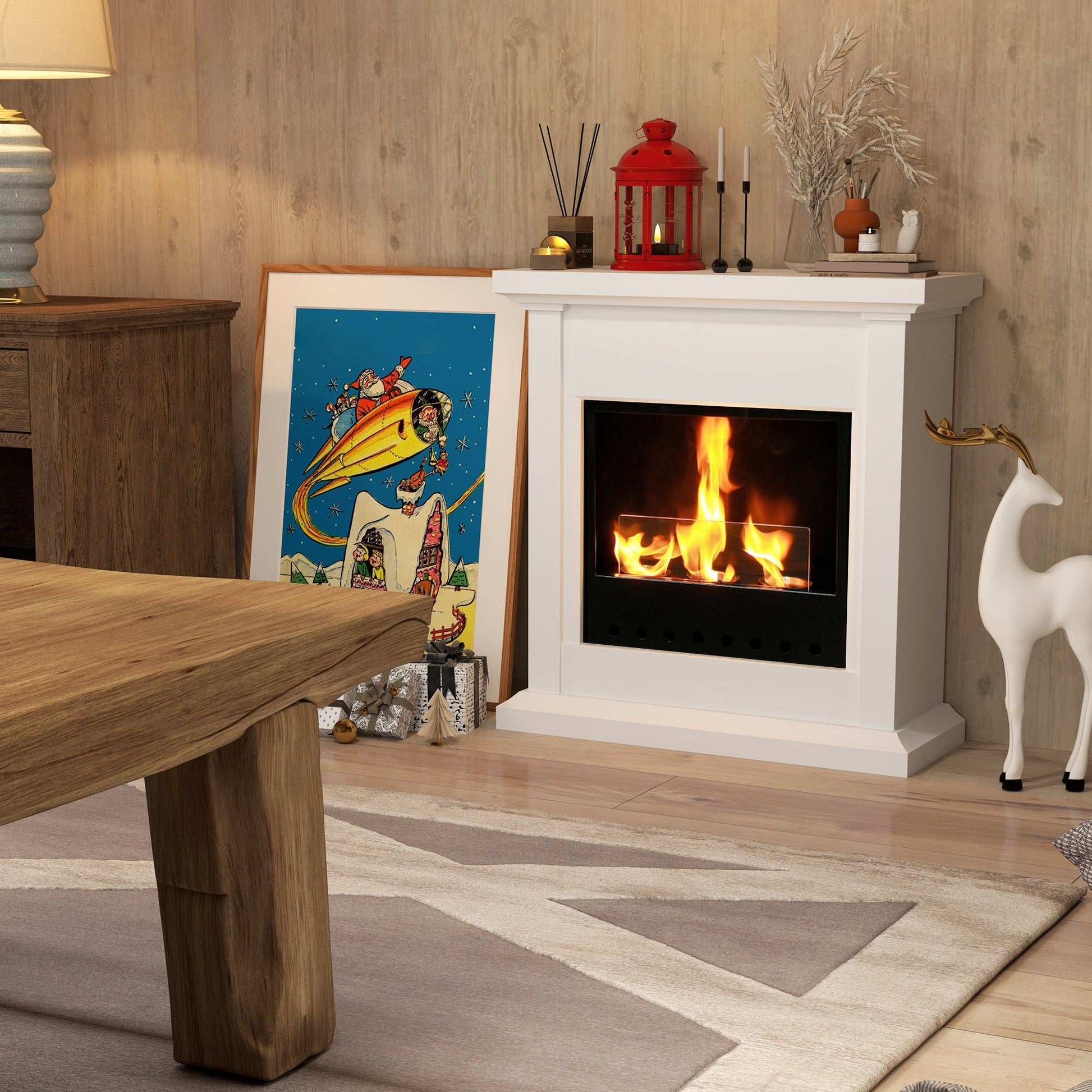 Gel and Ethanol Fireplace Stove, Modern Bioethanol Fire, Indoor Ethanol Burner with 1.2 Litres (39oz) Volume, Burns for Up to 3 Hours, 26 Inch, White