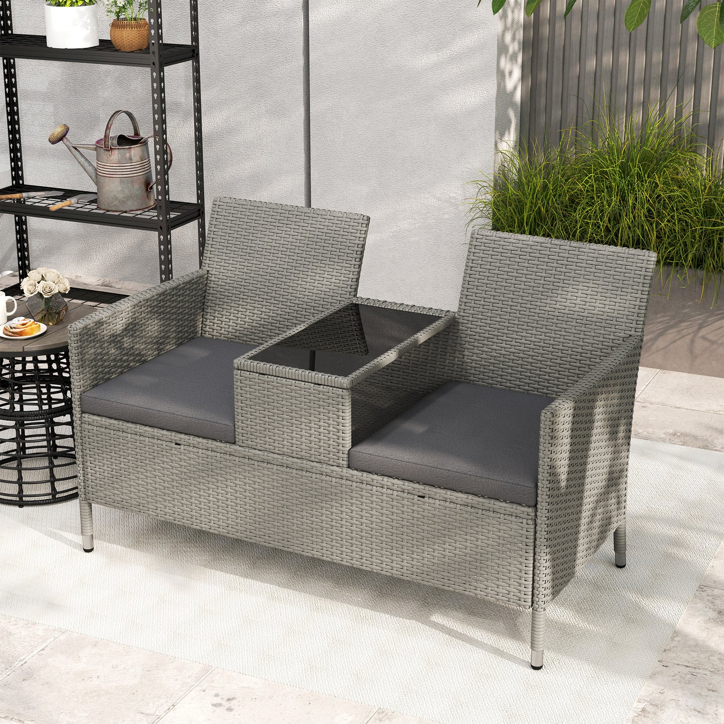 Outsunny 2-Seater PE Rattan Outdoor Garden Bench w/ Centre Table Grey