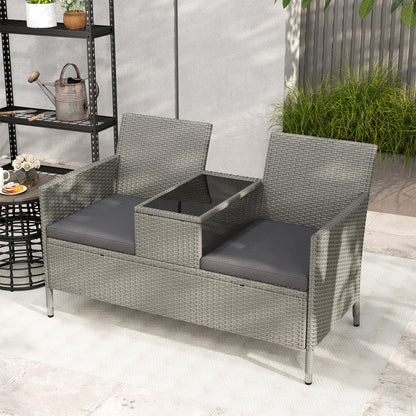 Outsunny 2-Seater PE Rattan Outdoor Garden Bench w/ Centre Table Grey