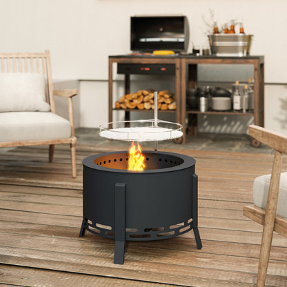 Portable Fire Pit, 58 cm Round Firepit with Grill Grate, Fire Bowl with Ash Catcher and Poker, Fire Pit BBQ for Garden Camping Bonfire Picnic, Black