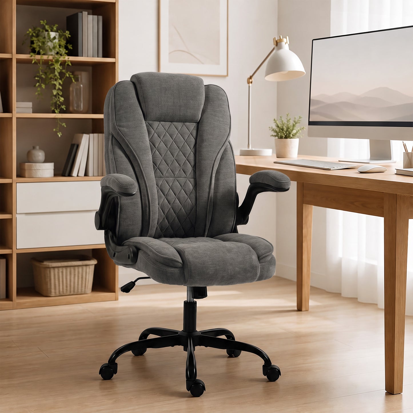 Ergonomic Office Chair | Flip-Up Armrests | Pocket Springs | Class 3 Gas Lift | Linen-Look Fabric | Diamond Pattern | Dark Grey / Beige