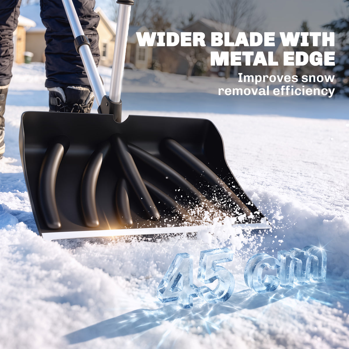 Heavy-Duty Snow Shovel with Assist Handle | Metal-Edged 45x33cm Blade | Dual D-Ring Grip | Detachable Oxidised Aluminium Handle | 45x37x135cm | Paved Surfaces & Light Snow | Black