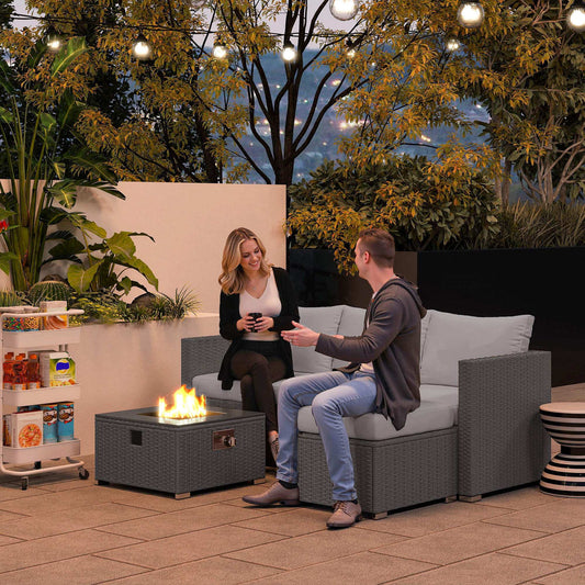 Outsunny Five Piece Rattan Garden Furniture Set with Gas Fire Pit Table and Footstool - Grey