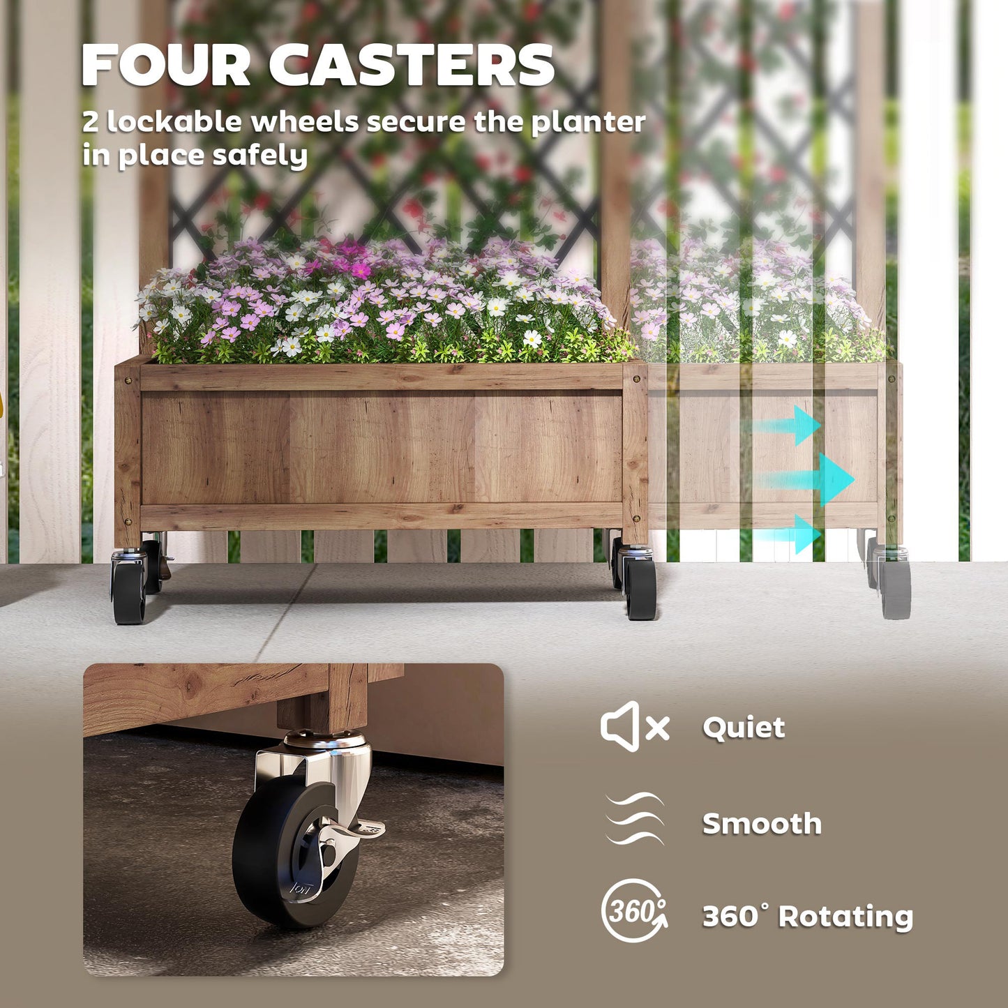 Raised Garden Bed W/ Metal Trellis, Pack of 2 Wooden Elevated Planter & Wheels and Drainage Holes for Climbing Plants, Fruits, Vegetables, Flowers