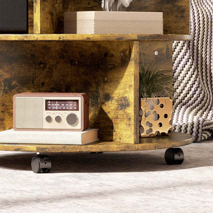 Retro Vintage Style Round Coffee Table with Wheels, 3-Tier Rolling Side Table for Living Room with Divided Shelves, Rustic Brown