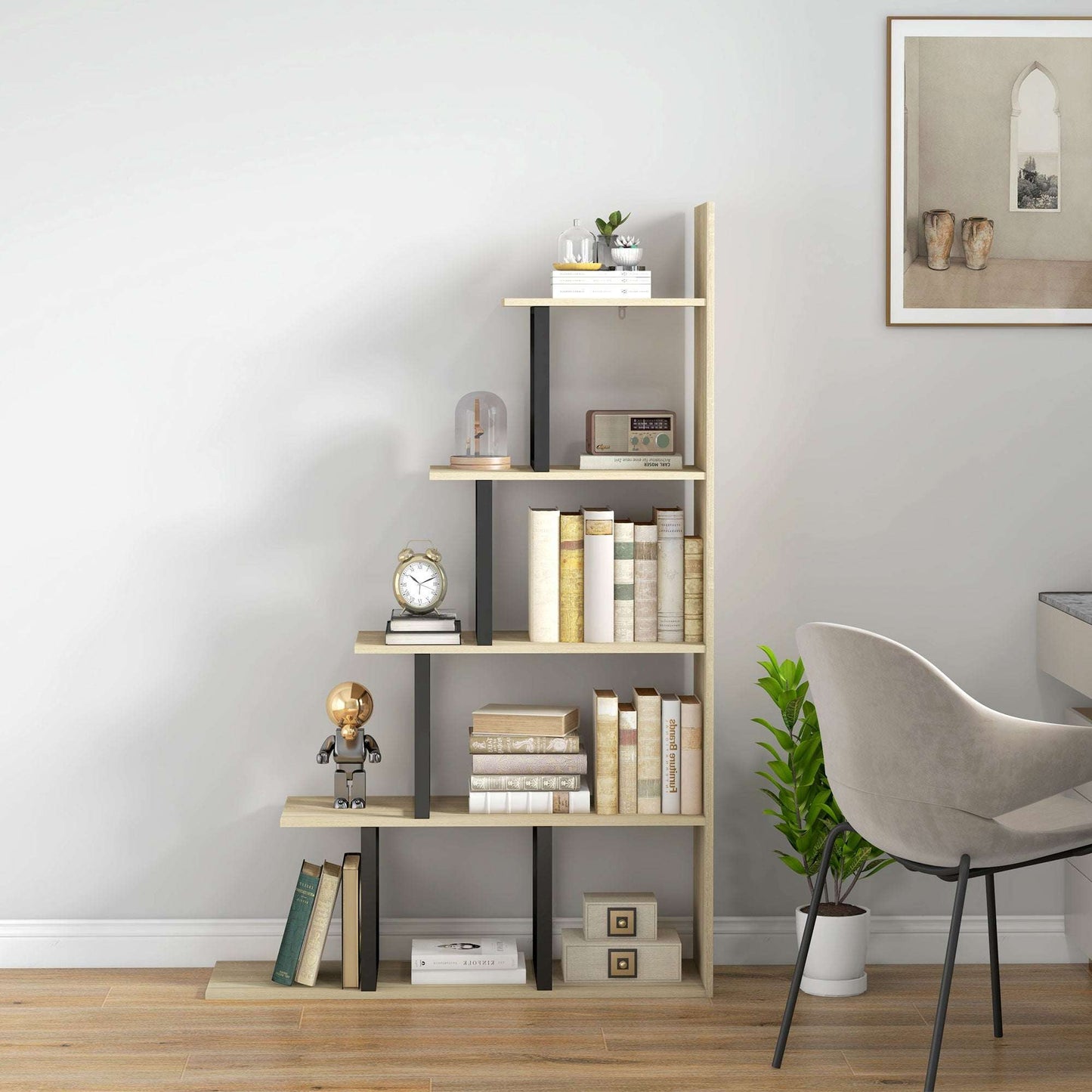 5 Tier Ladder Bookcase | Display Shelf | Particleboard | Anti-Tip | 102x30x160cm | 80kg | Oak