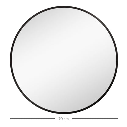 Round Bathroom Mirror, Modern Wall-mounted Vanity Mirror with Aluminium Frame and Easy Install Hook for Living Room, Entryway, 70 x 70cm, Black