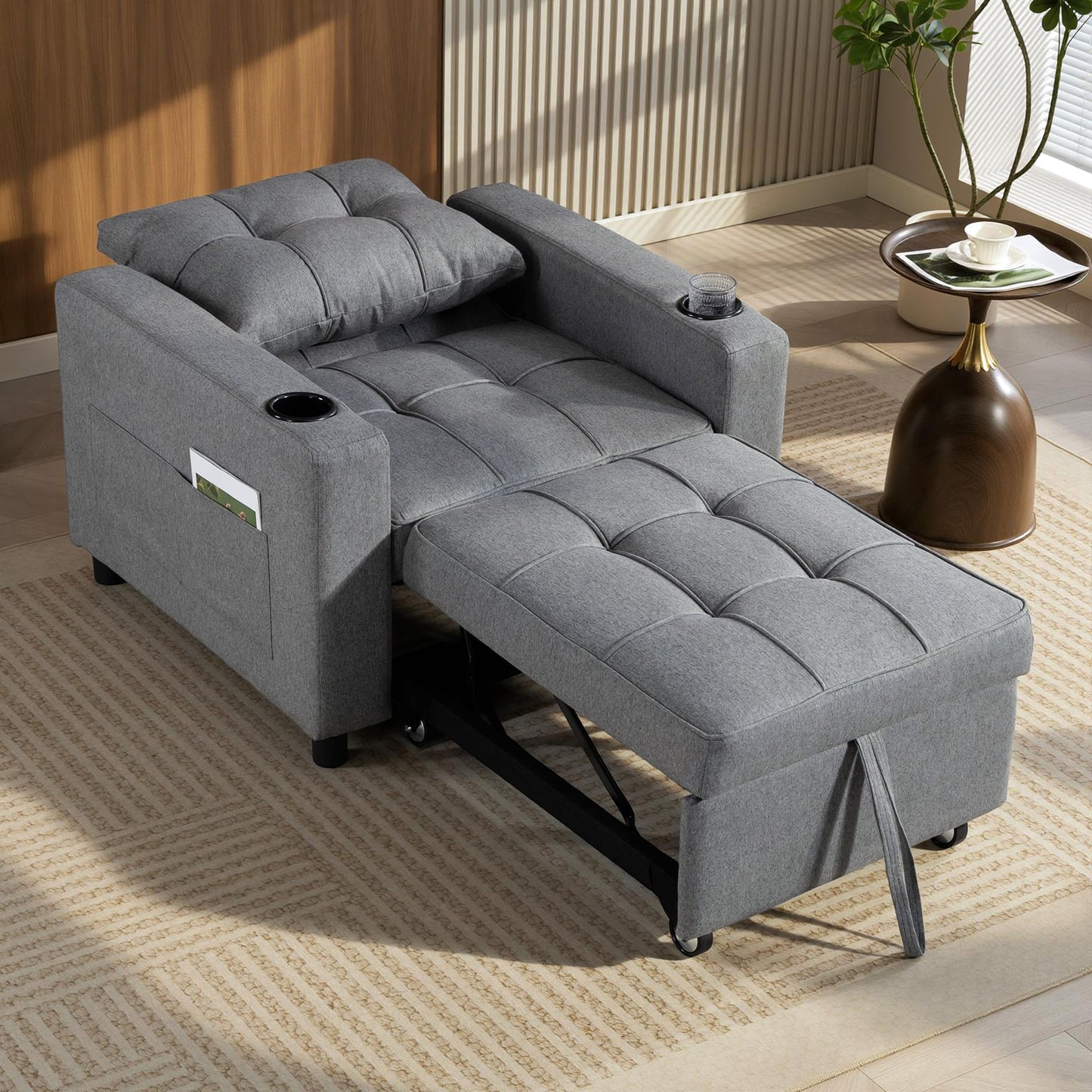3-in-1 Single Sofa Bed | Armchair | Recliner | Sleeper | 95x190cm | 12cm Mattress | Cup Holders & Side Pockets | Pillow | 120kg | Dark Grey