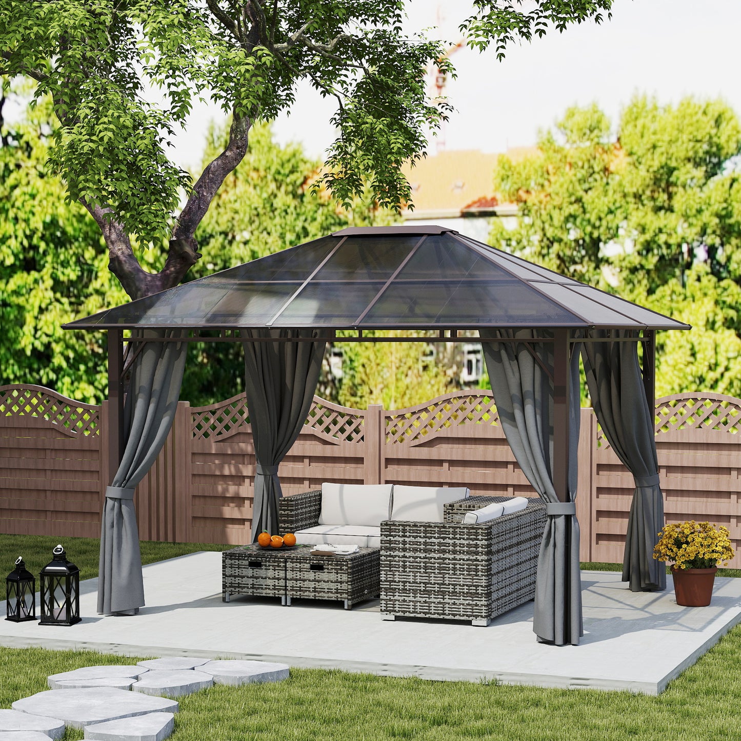 Outsunny 3 x 3.6m Hardtop Gazebo Canopy with Polycarbonate Roof Garden Pavilion with Removable Curtains and Steel Frame, Dark Grey