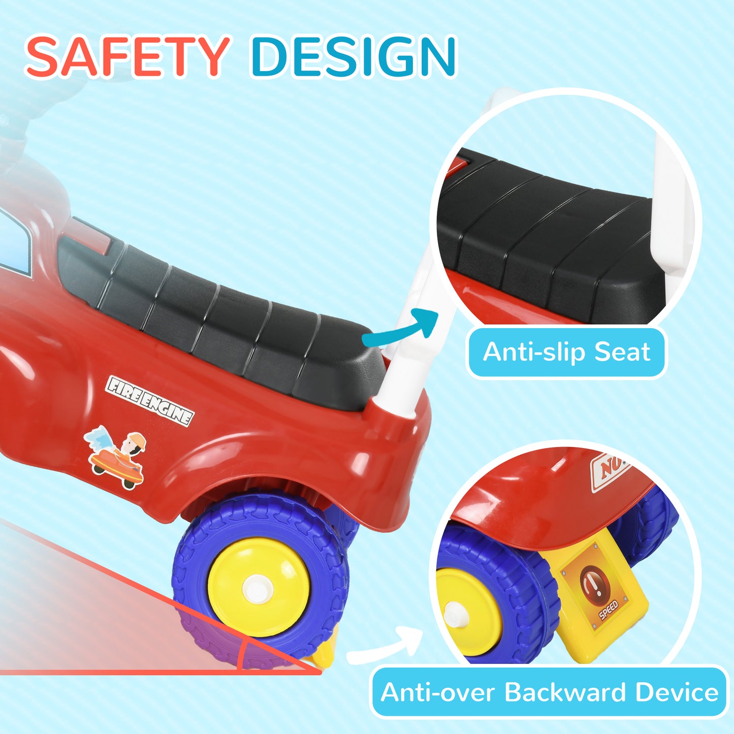 AIYAPLAY Toddlers Ride On Fire Truck Foot to Floor Design with Under Seat Storage, Steering Wheel, Music, Light, for 1.5-3 Years, Red
