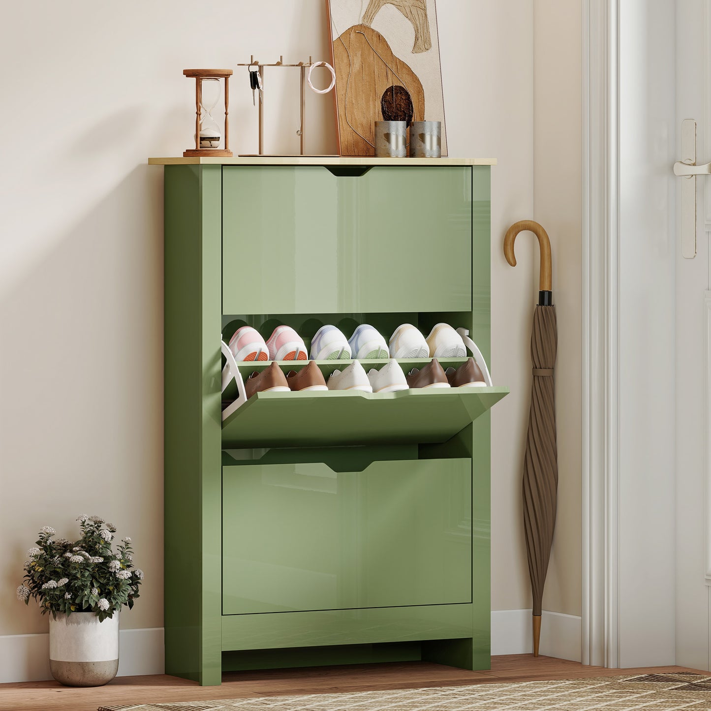 Slim Shoe Cabinet, Narrow Shoe Cupboard with 3 Flip Drawers, Adjustable Shelves for 18 Pairs of Shoes, High Gloss