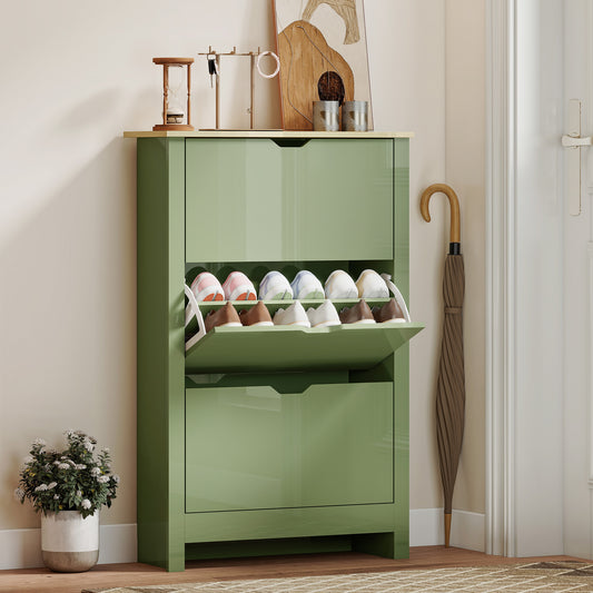 Slim Shoe Cabinet, Narrow Shoe Cupboard with 3 Flip Drawers, Adjustable Shelves for 18 Pairs of Shoes, High Gloss