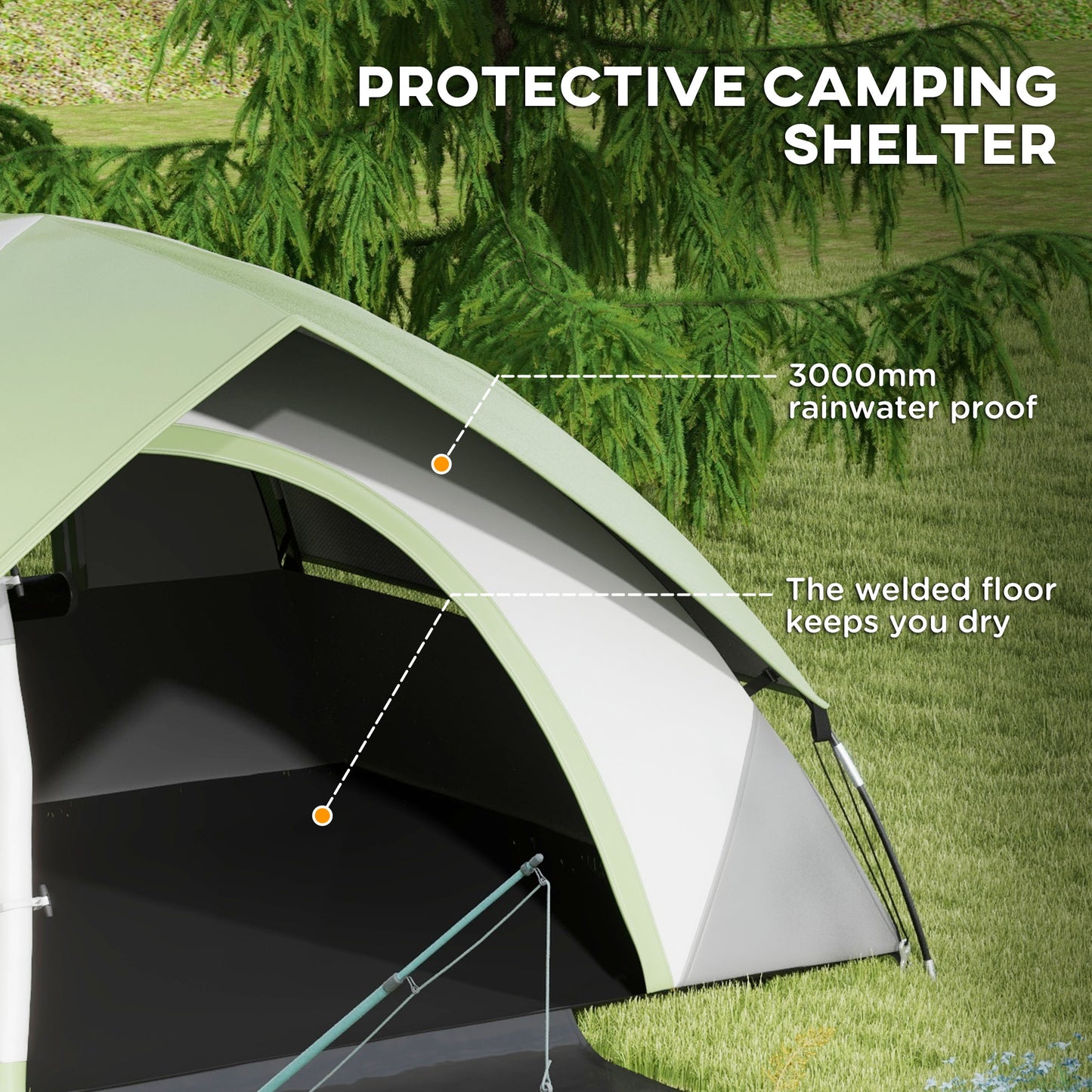 Outsunny 4-5 Man Single Room Camping Tent, 3000mm Waterproof, with Sewn-in Groundsheet and Carry Bag, Grey and Green