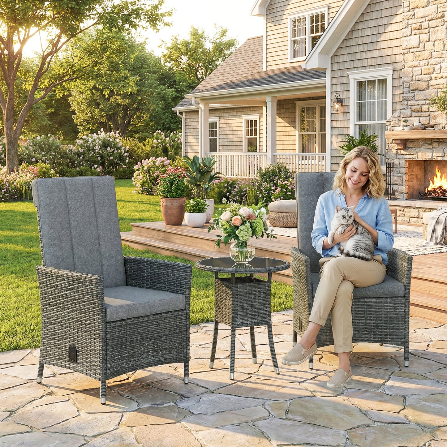 Rattan Bistro Set | 2 Reclining Chairs | Gas Lift 105°-150° | Glass Table | Washable Cushions | Grey