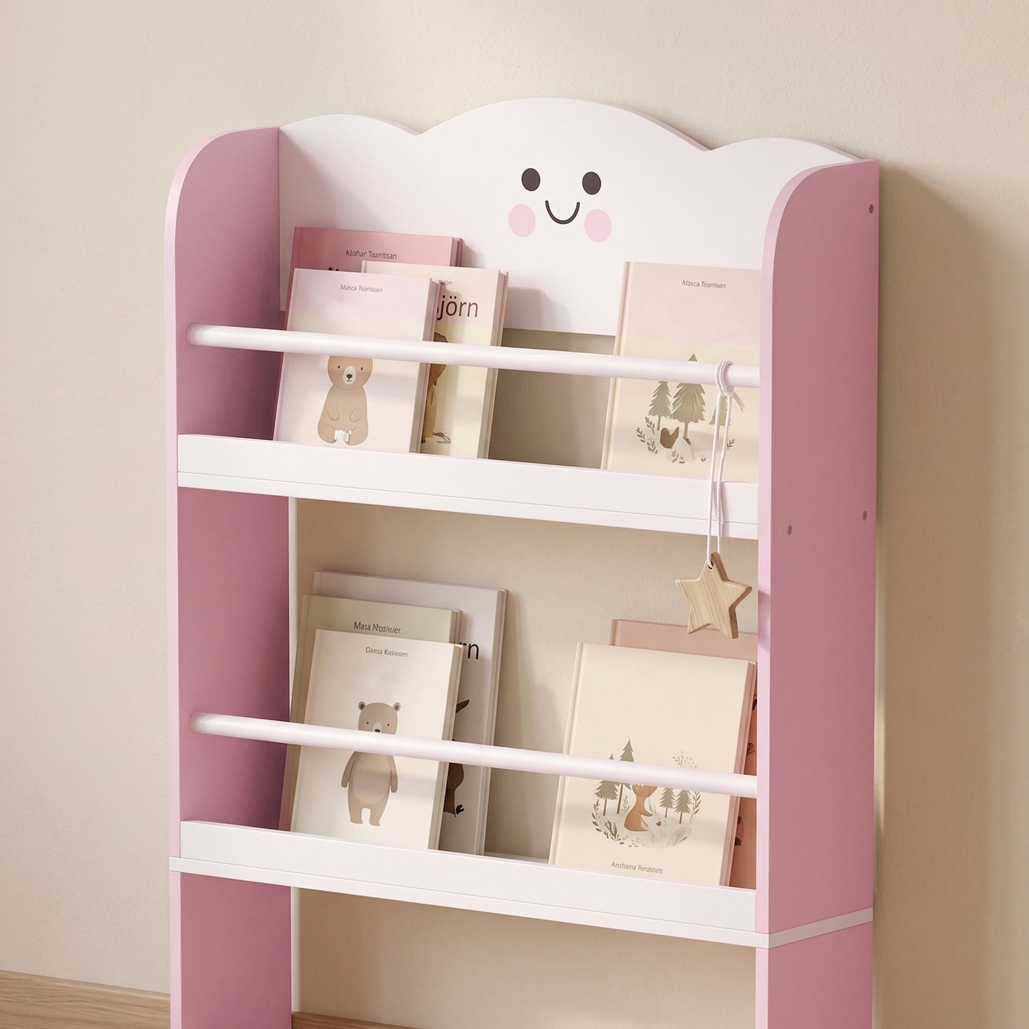 4-Tier Kids Wall-Mounted Bookshelf | Cotton Candy Theme | MDF & Pine | Anti-Tip | 3+ Years | Pink & White