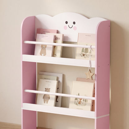 4-Tier Kids Wall-Mounted Bookshelf | Cotton Candy Theme | MDF & Pine | Anti-Tip | 3+ Years | Pink & White