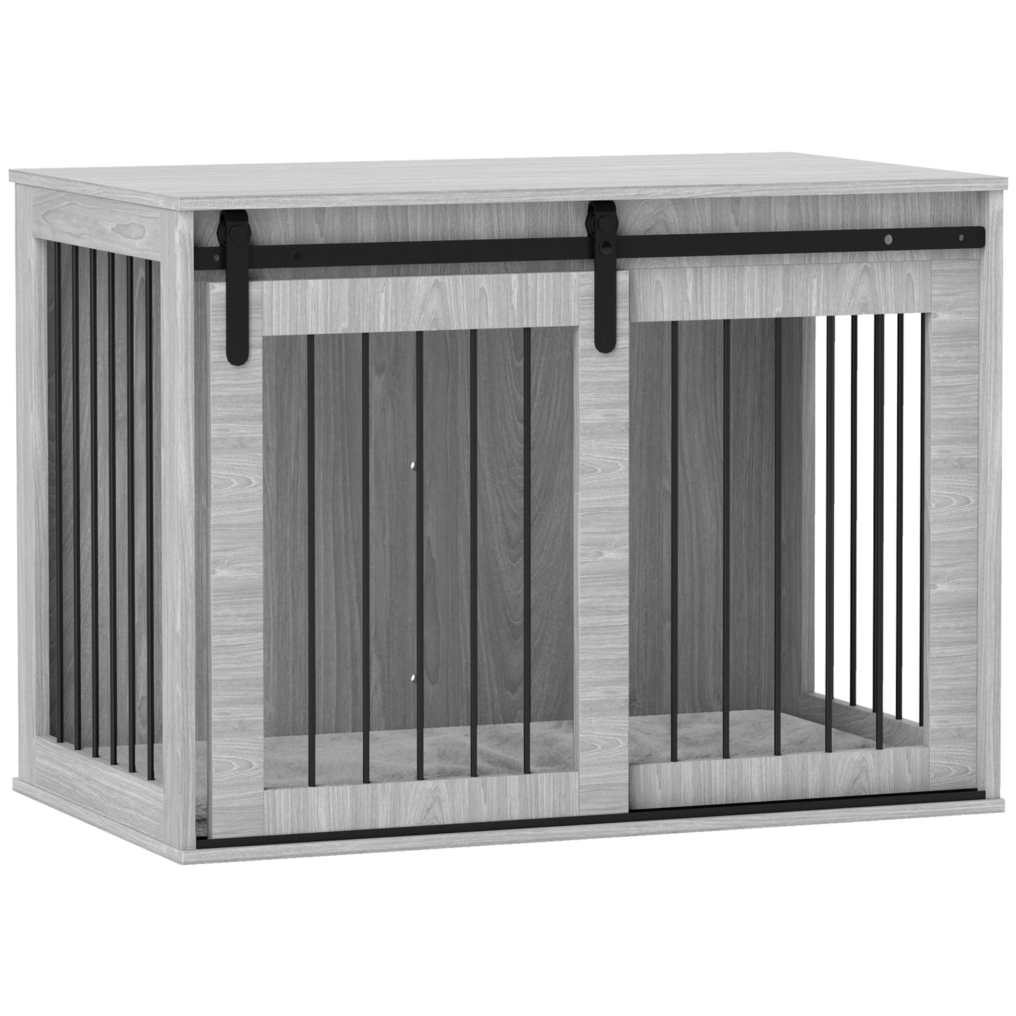 Dog Crate Furniture Side Table | Barn Door | Removable Washable Cushion | 3-Sided Ventilation | Large Dogs up to 30kg | 100 x 60 x 61cm | Grey