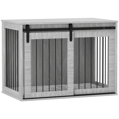 Dog Crate Furniture Side Table | Barn Door | Removable Washable Cushion | 3-Sided Ventilation | Large Dogs up to 30kg | 100 x 60 x 61cm | Grey