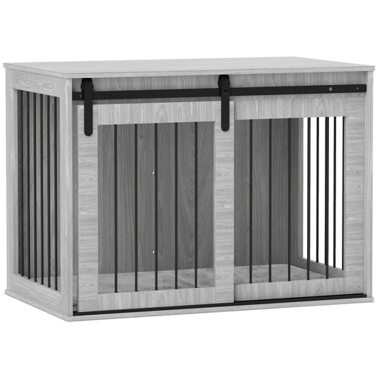 Dog Crate Furniture Side Table | Barn Door | Removable Washable Cushion | 3-Sided Ventilation | Large Dogs up to 30kg | 100 x 60 x 61cm | Grey