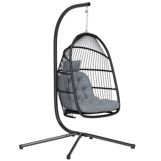 Outsunny Rattan Hanging Egg Chair with Stand, Foldable Wicker Swing Egg Chair with Cushion, Head Pillow, Steel Frame, Hammock Chair