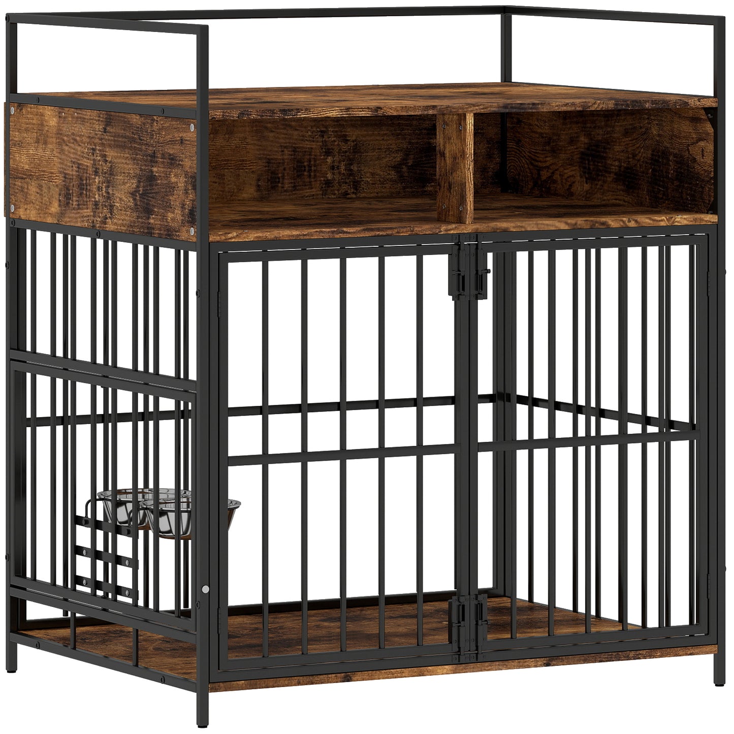 Dog Crate Furniture Side Table | Rotating Feeding Station | Storage Shelf | Double Door Lock | 20kg | Rustic Brown