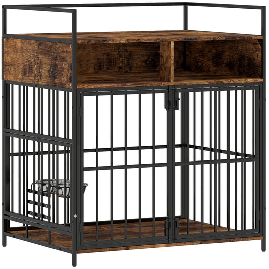 Dog Crate Furniture Side Table | Rotating Feeding Station | Storage Shelf | Double Door Lock | 20kg | Rustic Brown