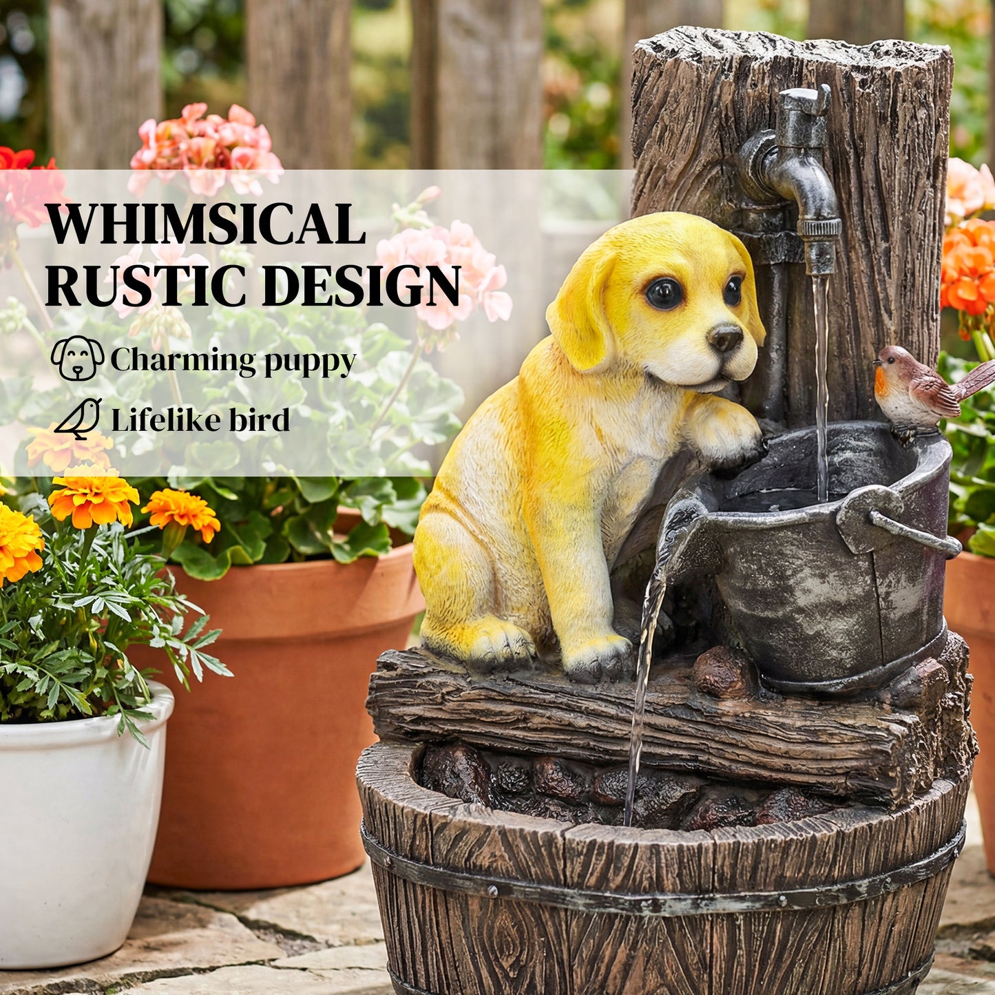 3-Tier Resin Garden Fountain | Hand-Painted Puppy & Bird Design | Warm LED Lights | 3-Speed Adjustable Pump | 5W | 230V | 3m Cable | 35x36x56cm | Garden & Patio | Rustic Brown & Yellow