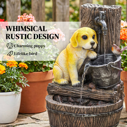 3-Tier Resin Garden Fountain | Hand-Painted Puppy & Bird Design | Warm LED Lights | 3-Speed Adjustable Pump | 5W | 230V | 3m Cable | 35x36x56cm | Garden & Patio | Rustic Brown & Yellow