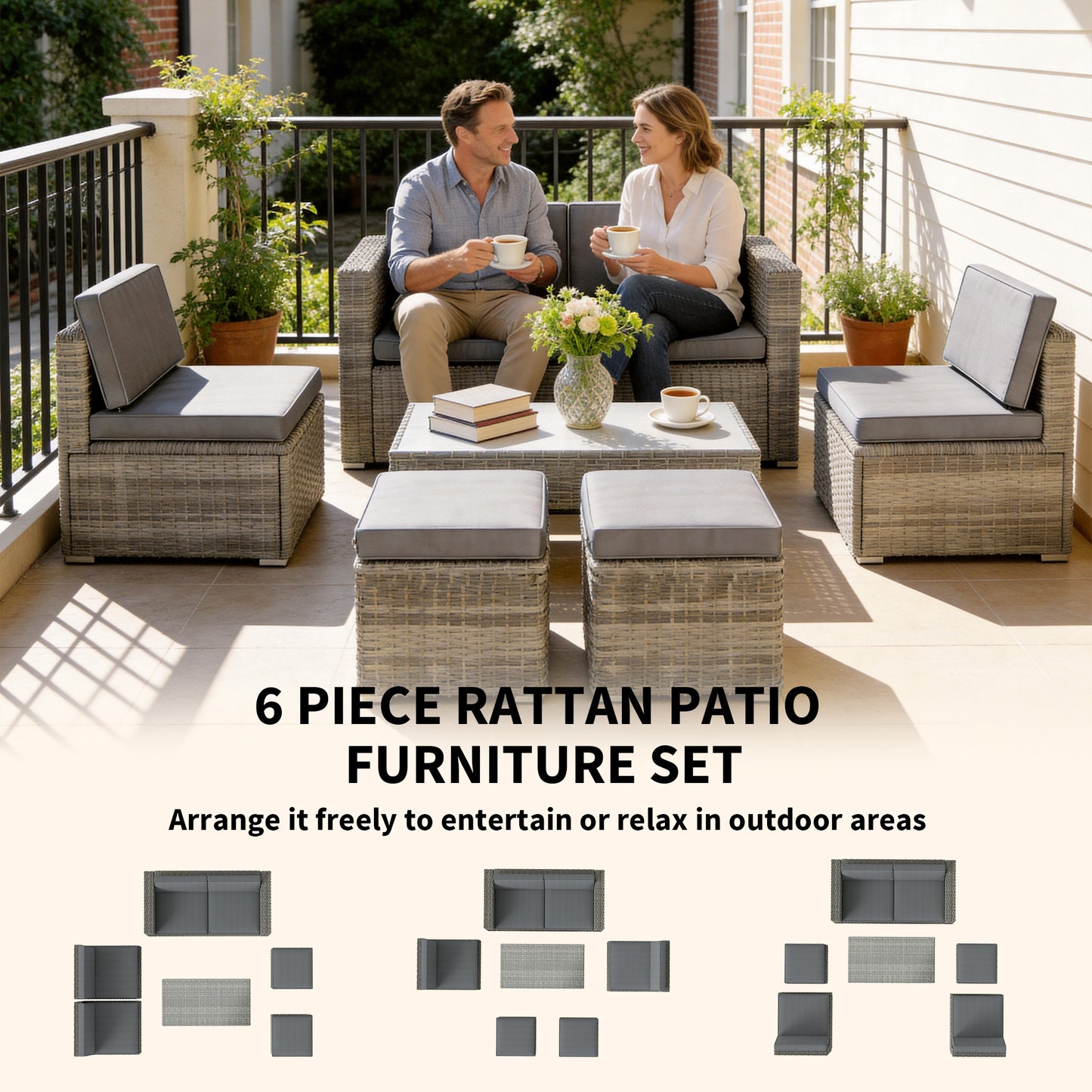 6 Piece Nesting Rattan Garden Furniture Set | Loveseat | 2 Armless Chairs | 2 Footstools | Coffee Table | Tempered Glass | PE Wicker | Powder-Coated Steel | Washable Cushions | Dark Grey