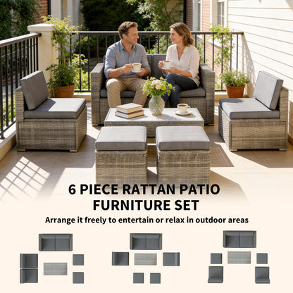 6 Piece Nesting Rattan Garden Furniture Set | Loveseat | 2 Armless Chairs | 2 Footstools | Coffee Table | Tempered Glass | PE Wicker | Powder-Coated Steel | Washable Cushions | Dark Grey