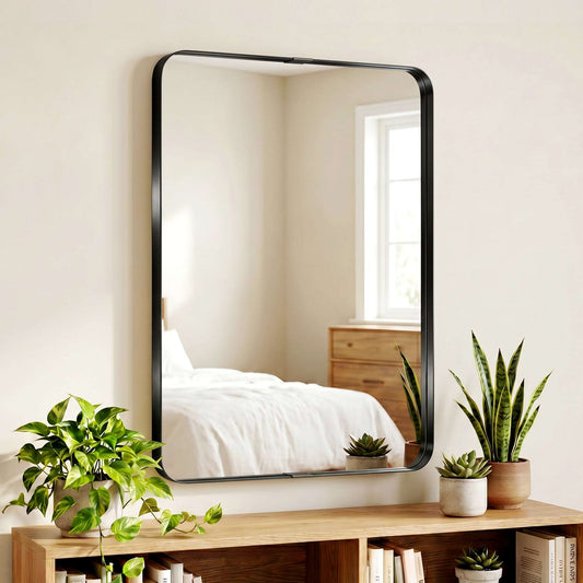 Rectangular Wall Mirror | Shatterproof Tempered Glass | Anodised Aluminium Alloy Frame | 4cm Deep 3D Effect | Soft Rounded Corners | No Assembly | 60x4x90cm | Black