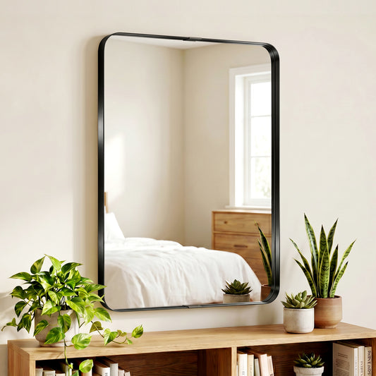 Rectangular Wall Mirror | Shatterproof Tempered Glass | Anodised Aluminium Alloy Frame | 4cm Deep 3D Effect | Soft Rounded Corners | No Assembly | 60x4x90cm | Black