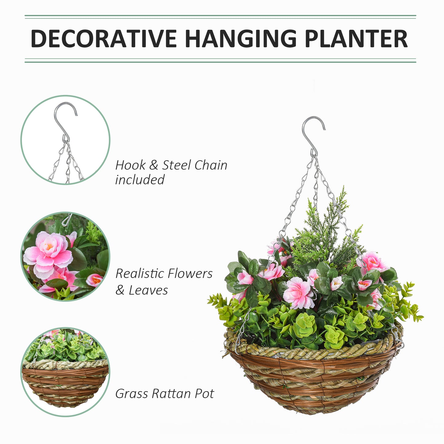 Set of 4 Artificial Hanging Lisianthus Flower Baskets | 18 Faux Flowers & 72 Leaves Per Pot | Wicker Basket | 30cm Metal Chain & Hook | Indoor & Outdoor | Ø25 x 34cm | Pink & Green