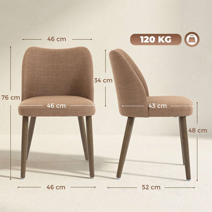 Dining Chairs Set of 2, Linen Upholstered Kitchen Chairs with Padded Seat, Curved Backrest, Rubberwood Legs, Brown