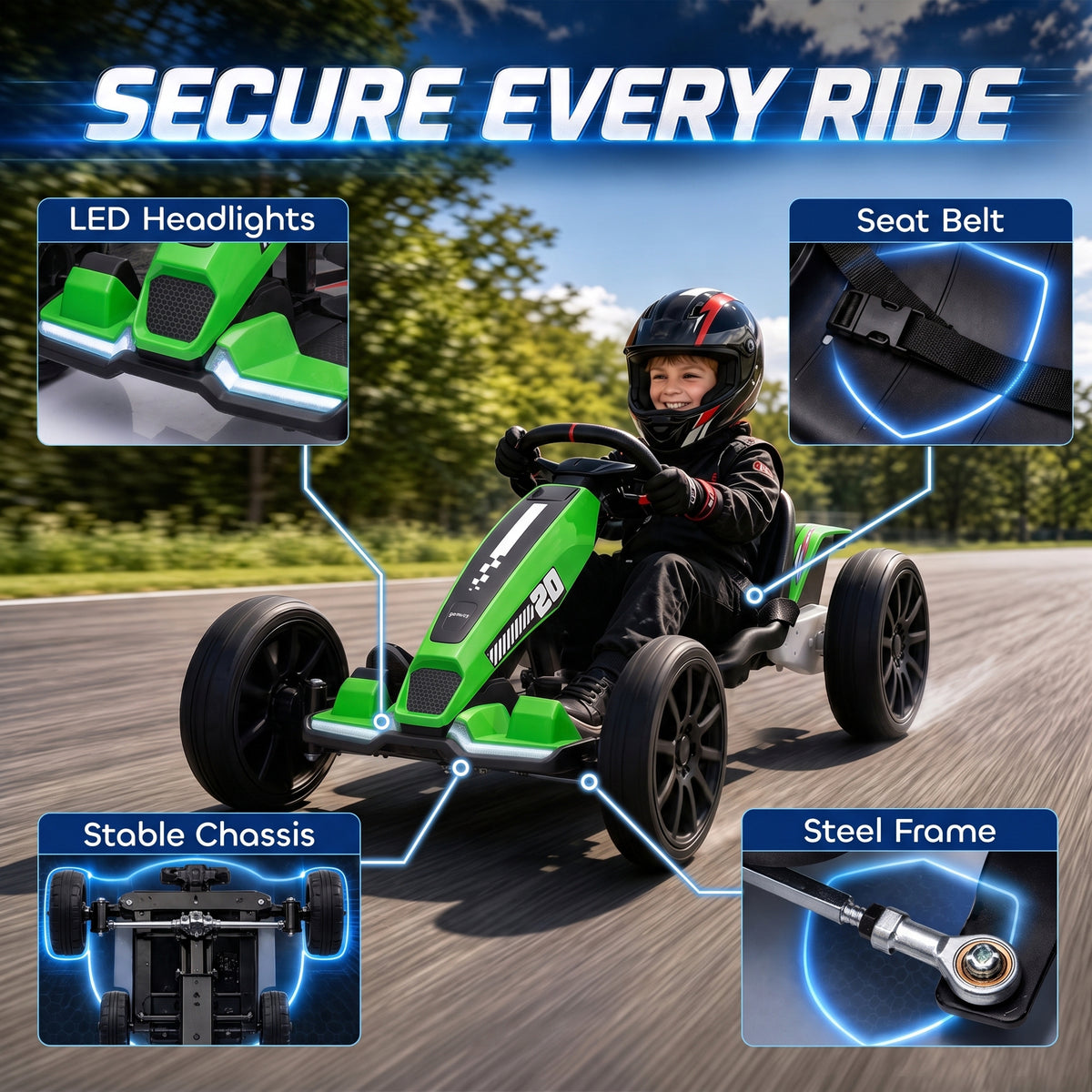 12V Electric Go Kart for Kids | Dual 35W Motors | Soft-Start | 4-Position Adjustable Length 83–98cm | Sliding Seat | LED Lights | EVA Wheels | 50 Min | 1.5–4km/h | 25kg | Age 3–6 | Green
