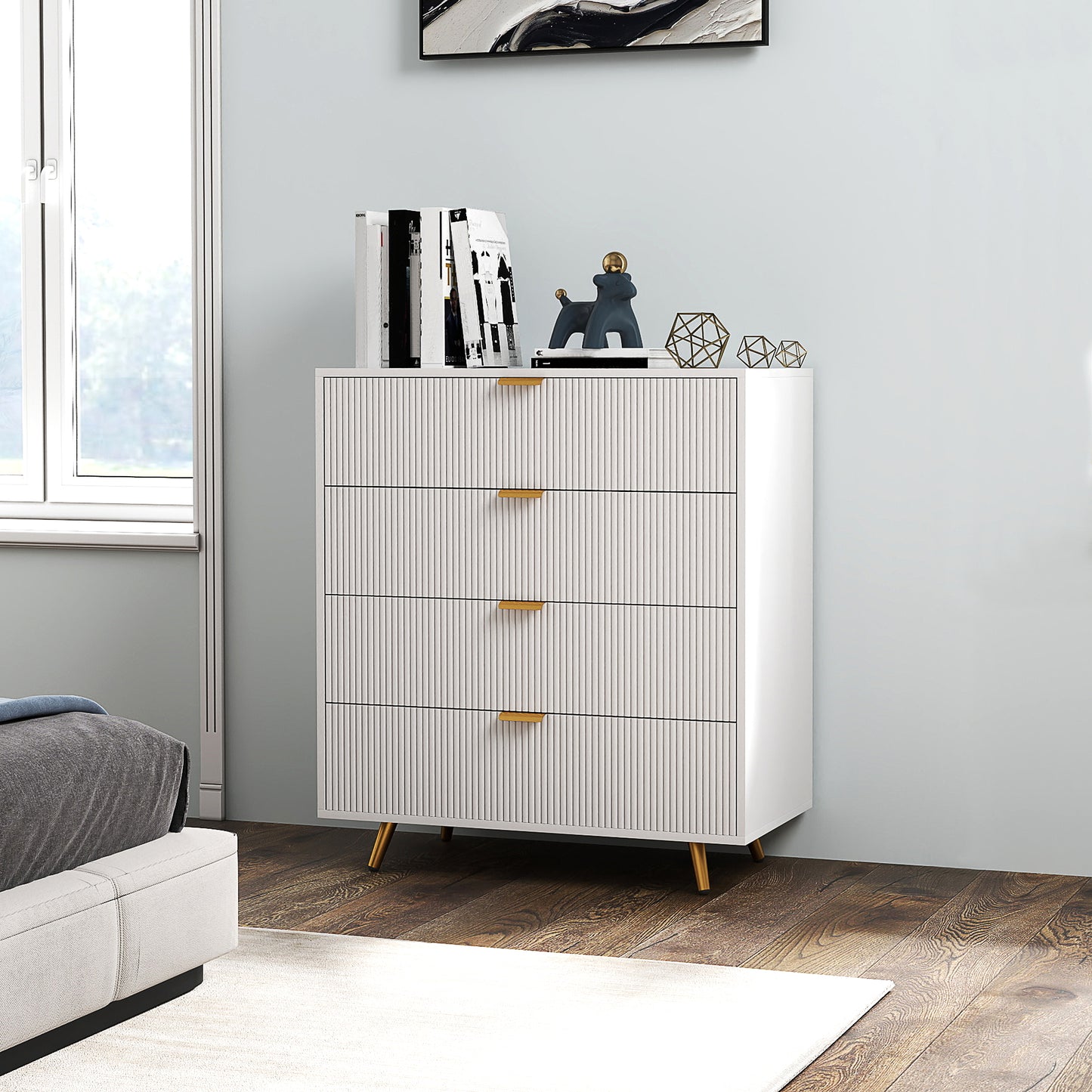 Elegant Four-Drawer Bedside Table - White