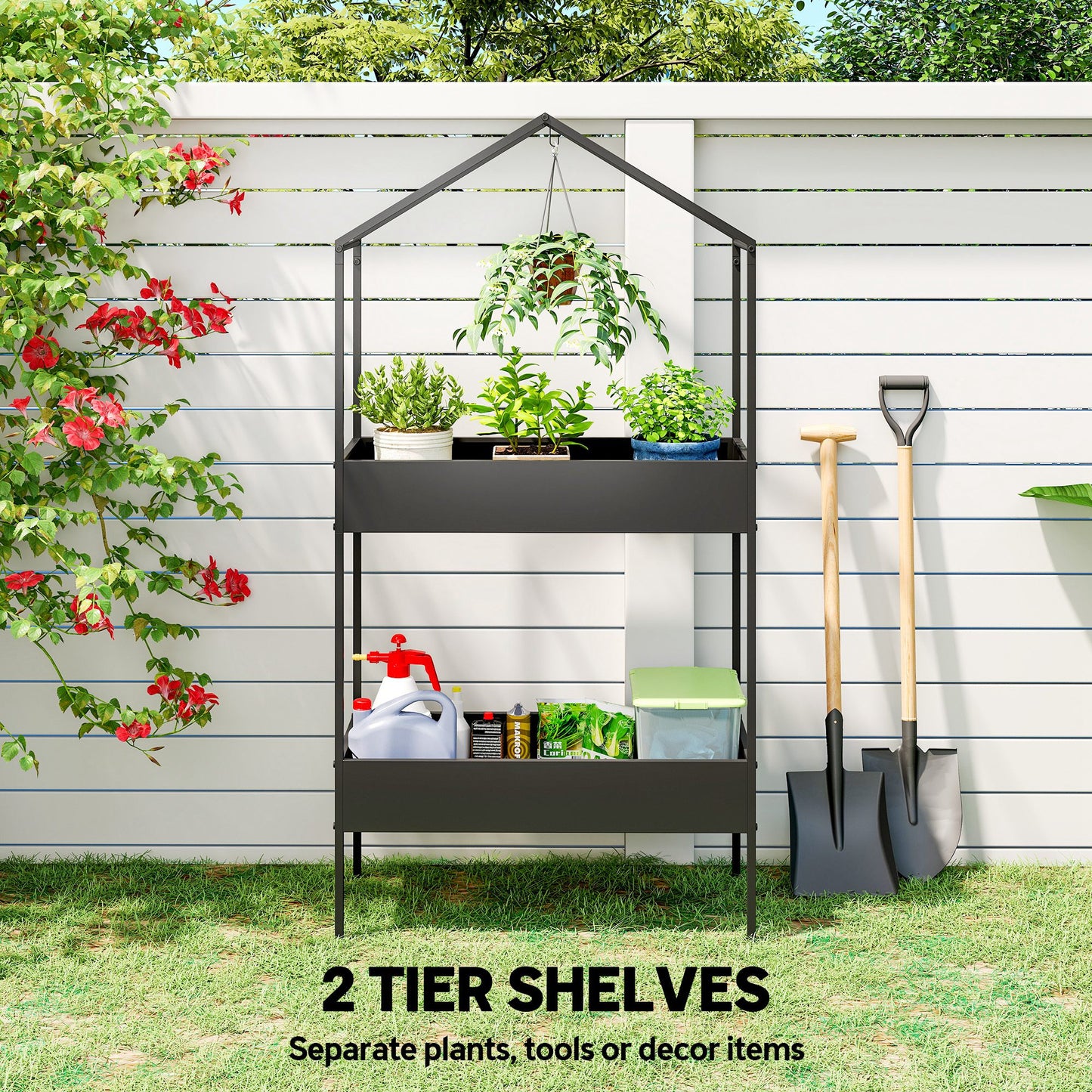 2-Tier House-Shaped Plant Stand with Top Hook | Powder-Coated Metal | 13cm Raised Edges | Adjustable Levelling Feet | 40kg per Tier | 80kg Total | 75x35x150cm | Indoor & Outdoor | Black