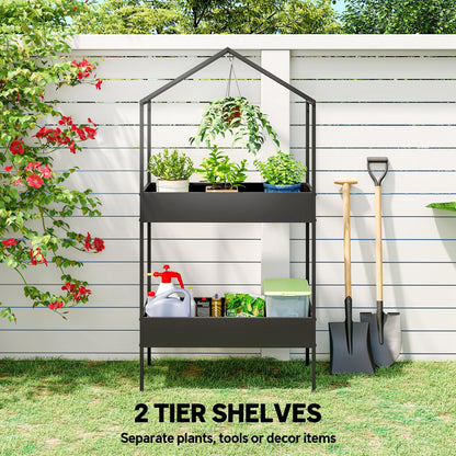 2-Tier House-Shaped Plant Stand with Top Hook | Powder-Coated Metal | 13cm Raised Edges | Adjustable Levelling Feet | 40kg per Tier | 80kg Total | 75x35x150cm | Indoor & Outdoor | Black