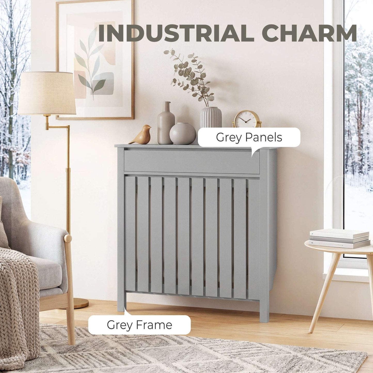 MDF & Particle Board Radiator Cover with 1 Drawer | Vertical Slats | Flat Top Display Surface | Wall Mountable | Pre-Cut Outs | 14kg Capacity | 88.5x19x93cm | Grey