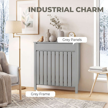 MDF & Particle Board Radiator Cover with 1 Drawer | Vertical Slats | Flat Top Display Surface | Wall Mountable | Pre-Cut Outs | 14kg Capacity | 88.5x19x93cm | Grey