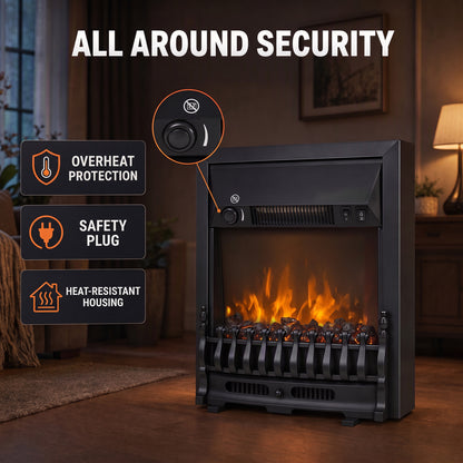Electric Fireplace | 1000W/2000W Freestanding & Inset Fire | LED Flame & Glowing Coal Bed | Adjustable Thermostat | Matt Black