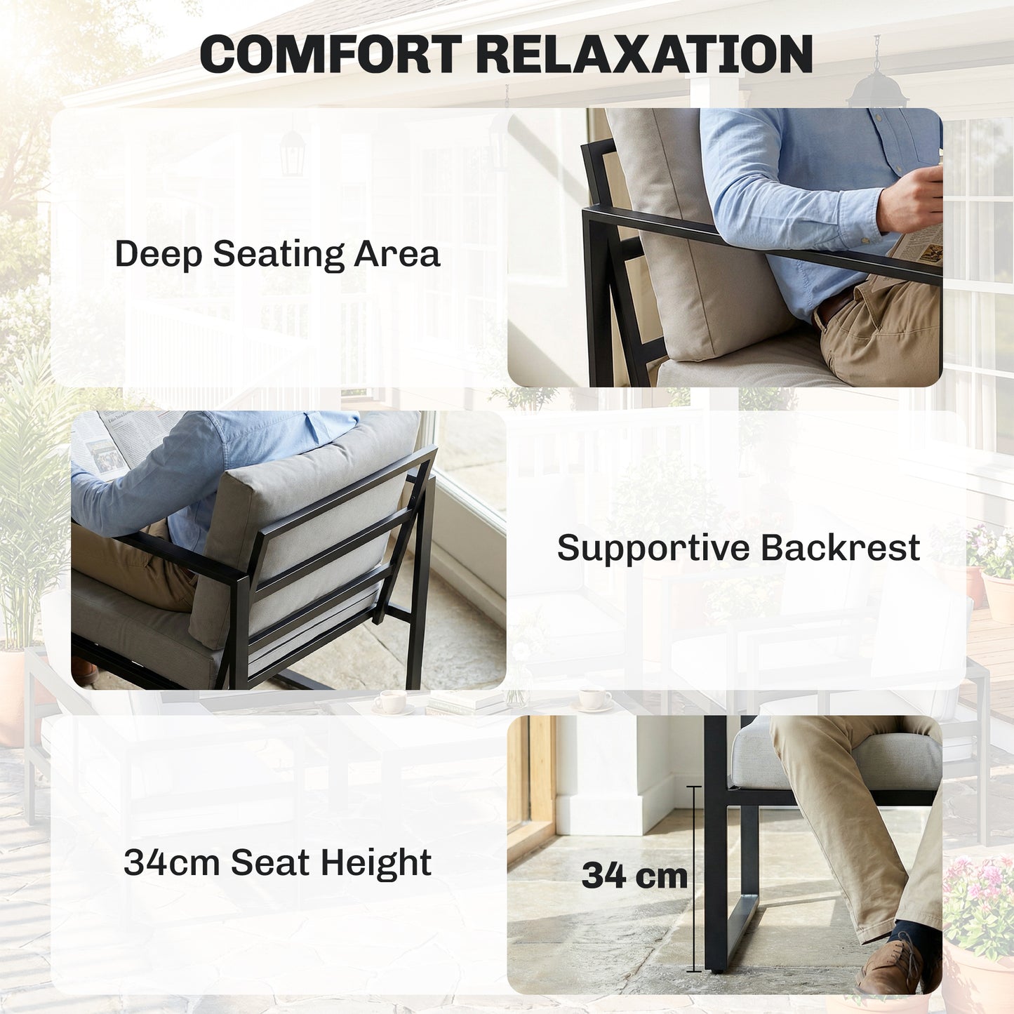 4-Piece Garden Sofa Set | Loveseat | 2 Armchairs | Slatted Plastic-Wood Coffee Table | Powder-Coated Frame | Zip Cushion Covers | Adjustable Foot Pads | 240kg Loveseat Capacity | Grey